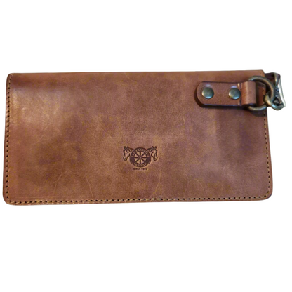 Brown leather wallet with a strap on a light gray background