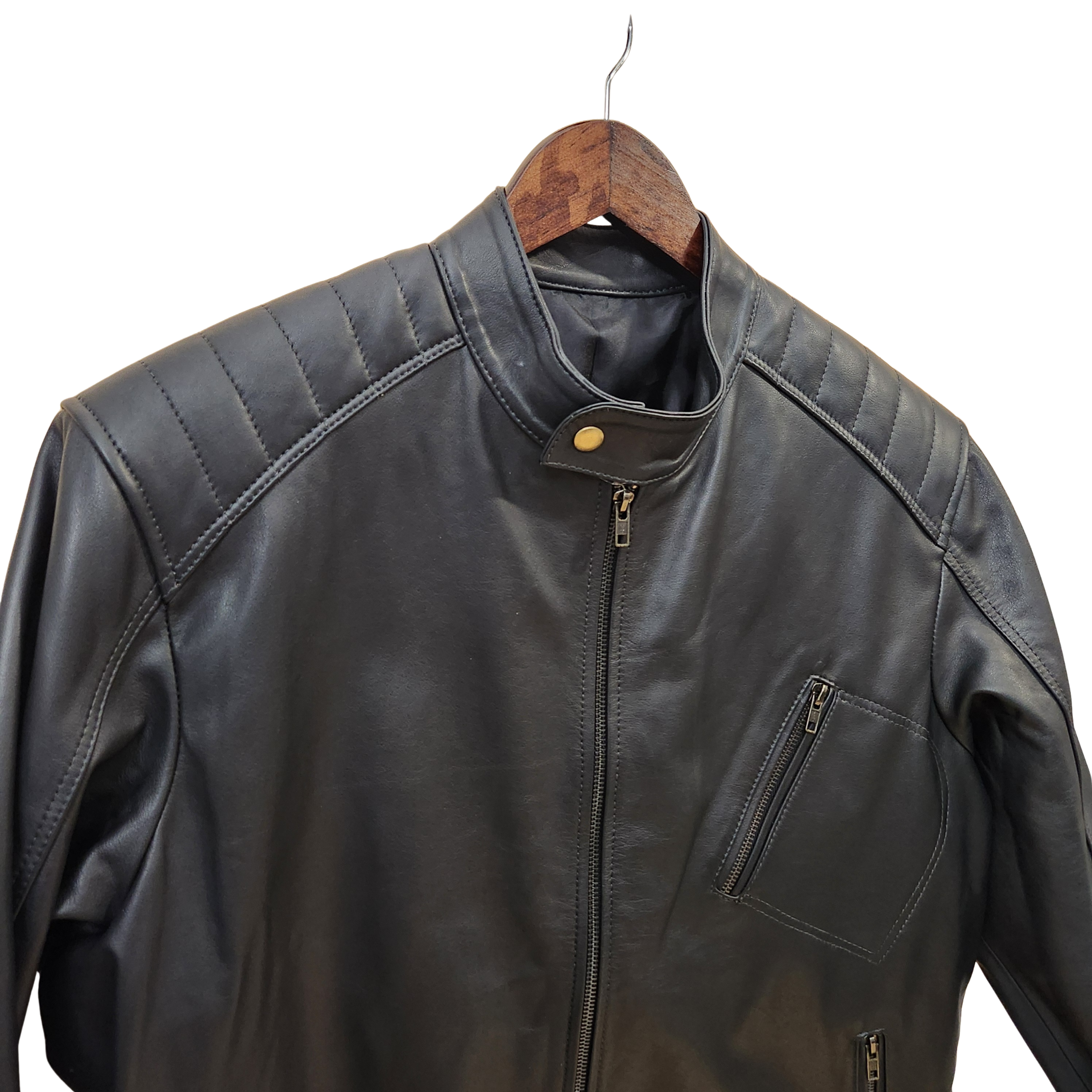 Black leather jacket on a wooden hanger against a white background