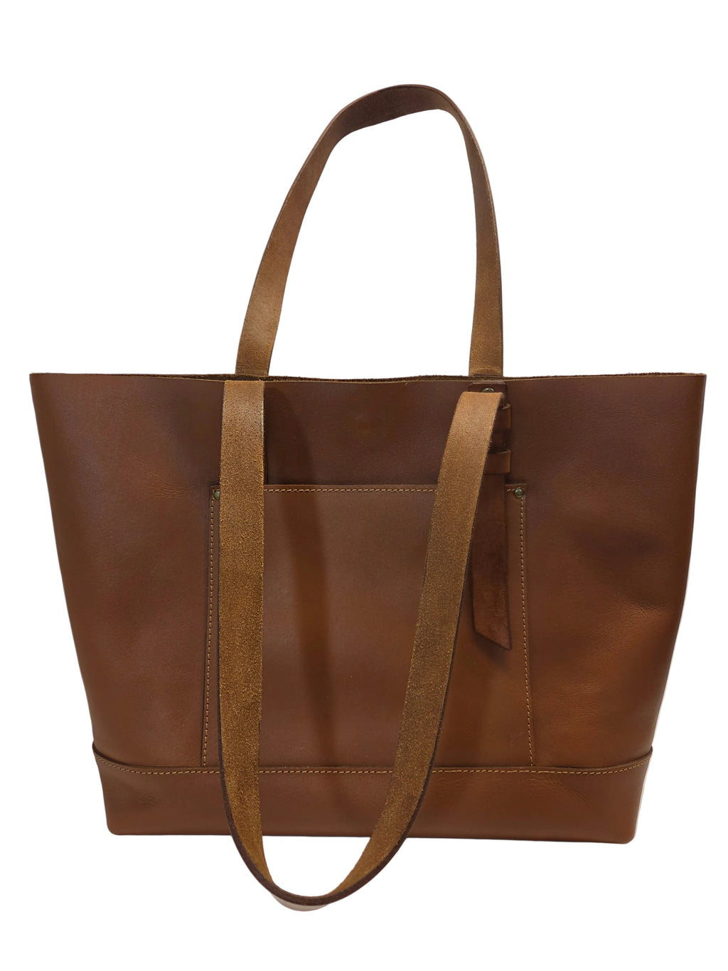 Brown leather tote bag on a white background