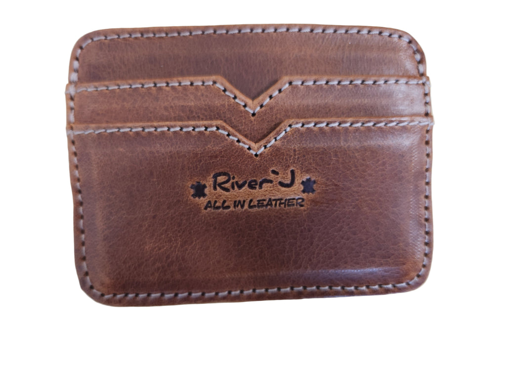 Brown leather wallet with 'River J' branding on a wooden surface
