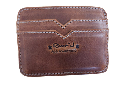 Brown leather wallet with 'River J' branding on a wooden surface