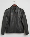 Black leather jacket on a wooden surface