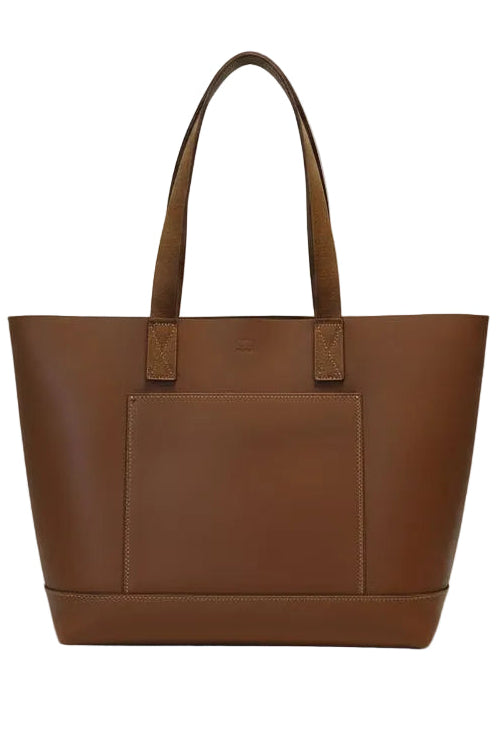 Brown leather tote bag on a white background