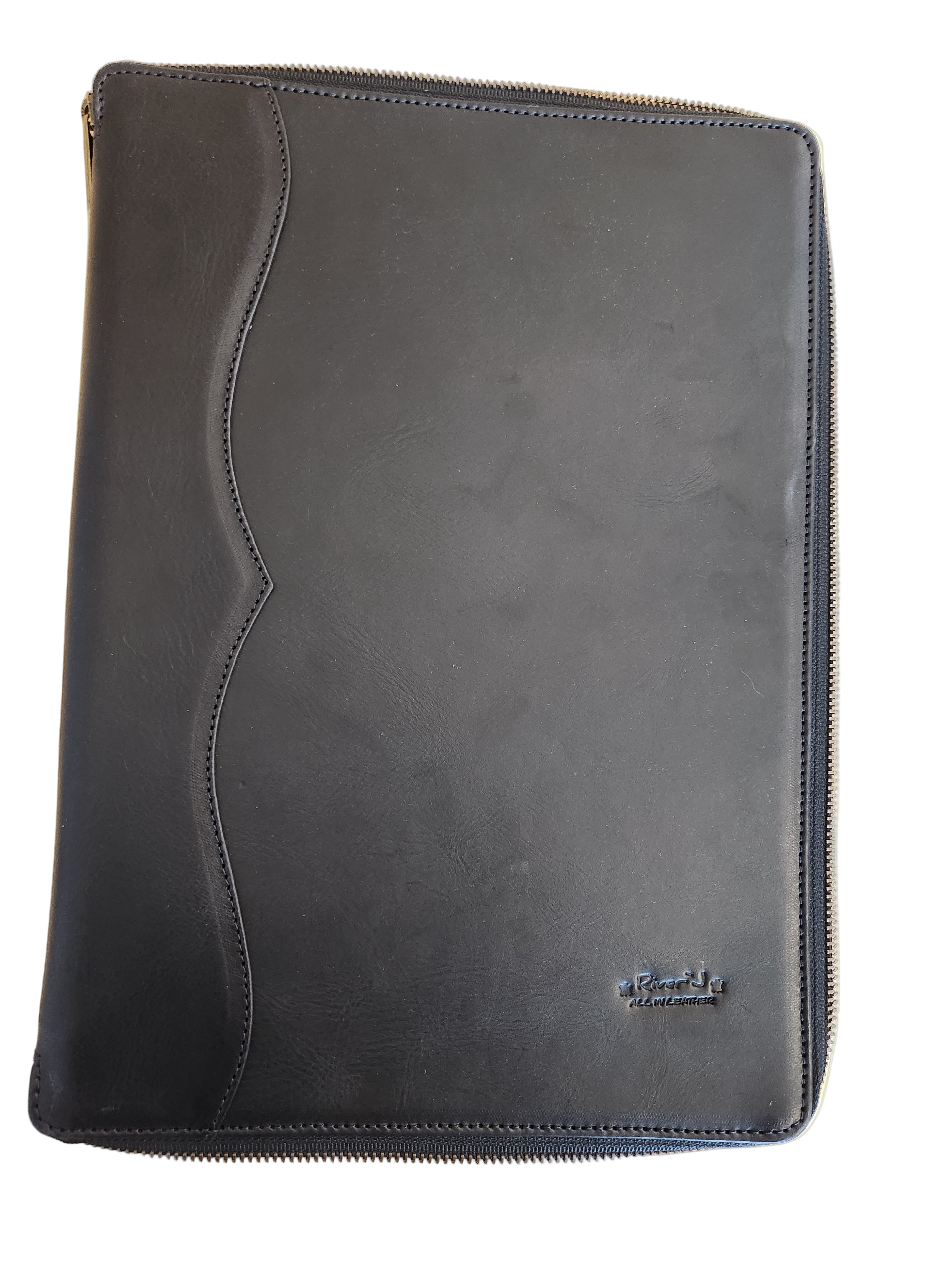 Black leather case on a wooden surface