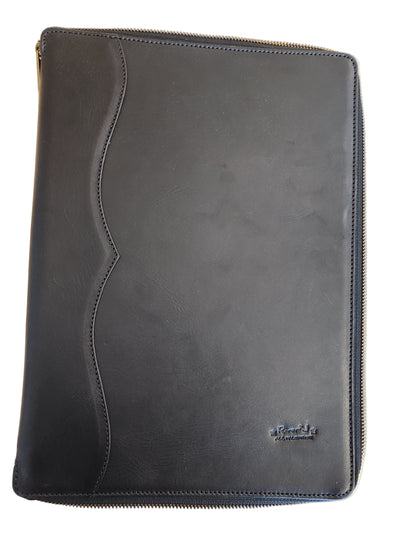 Black leather case on a wooden surface
